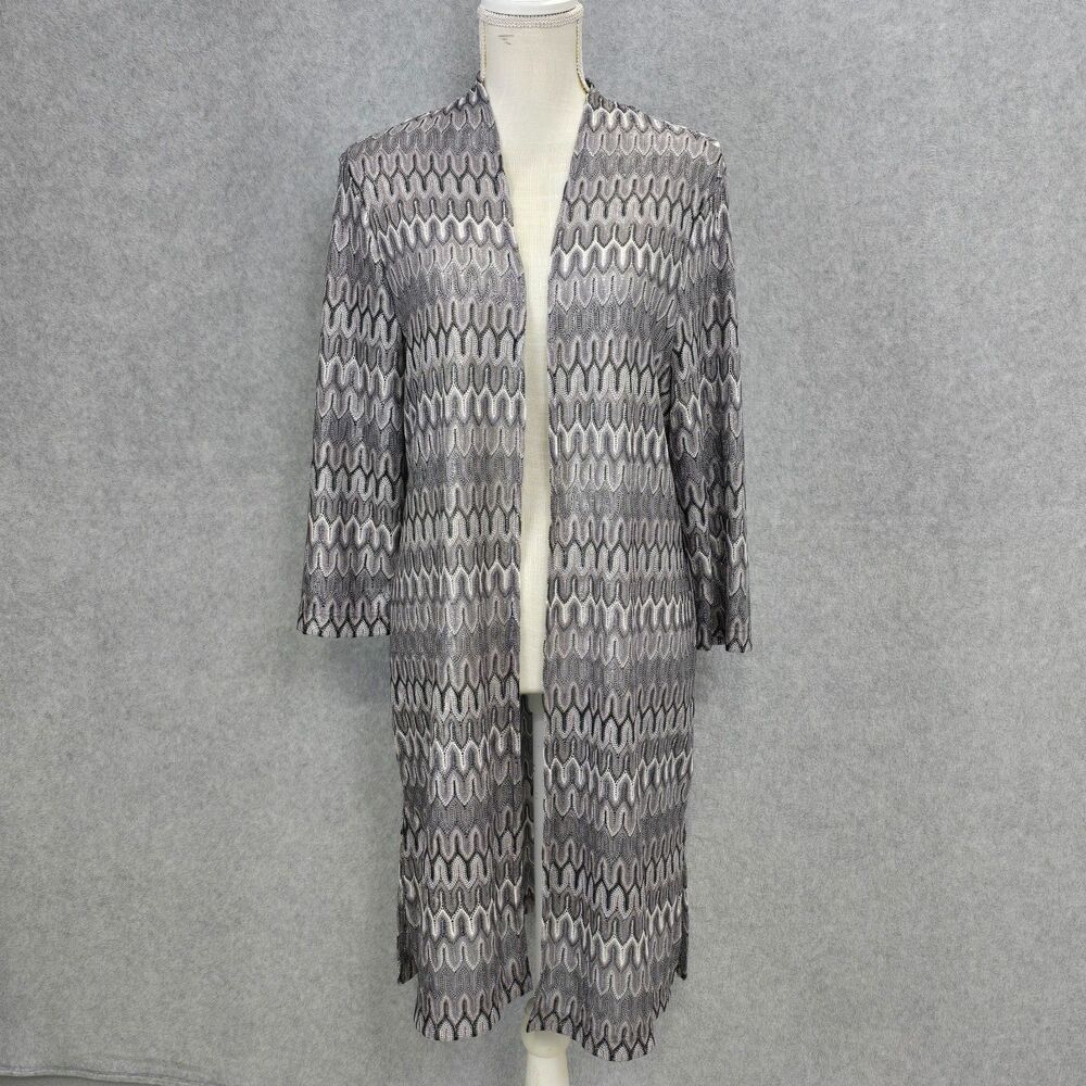 Chico's Travelers Womens 2 L Silver Metallic Art Deco Open Front Cardigan Duster